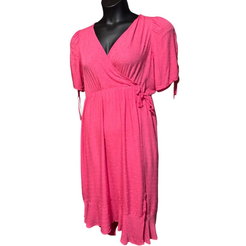 Torrid Pink Swiss Dot Midi Dress Plus Size Surplice Wrap Tie Sleeve Pockets NWT - Picture 7 of 13